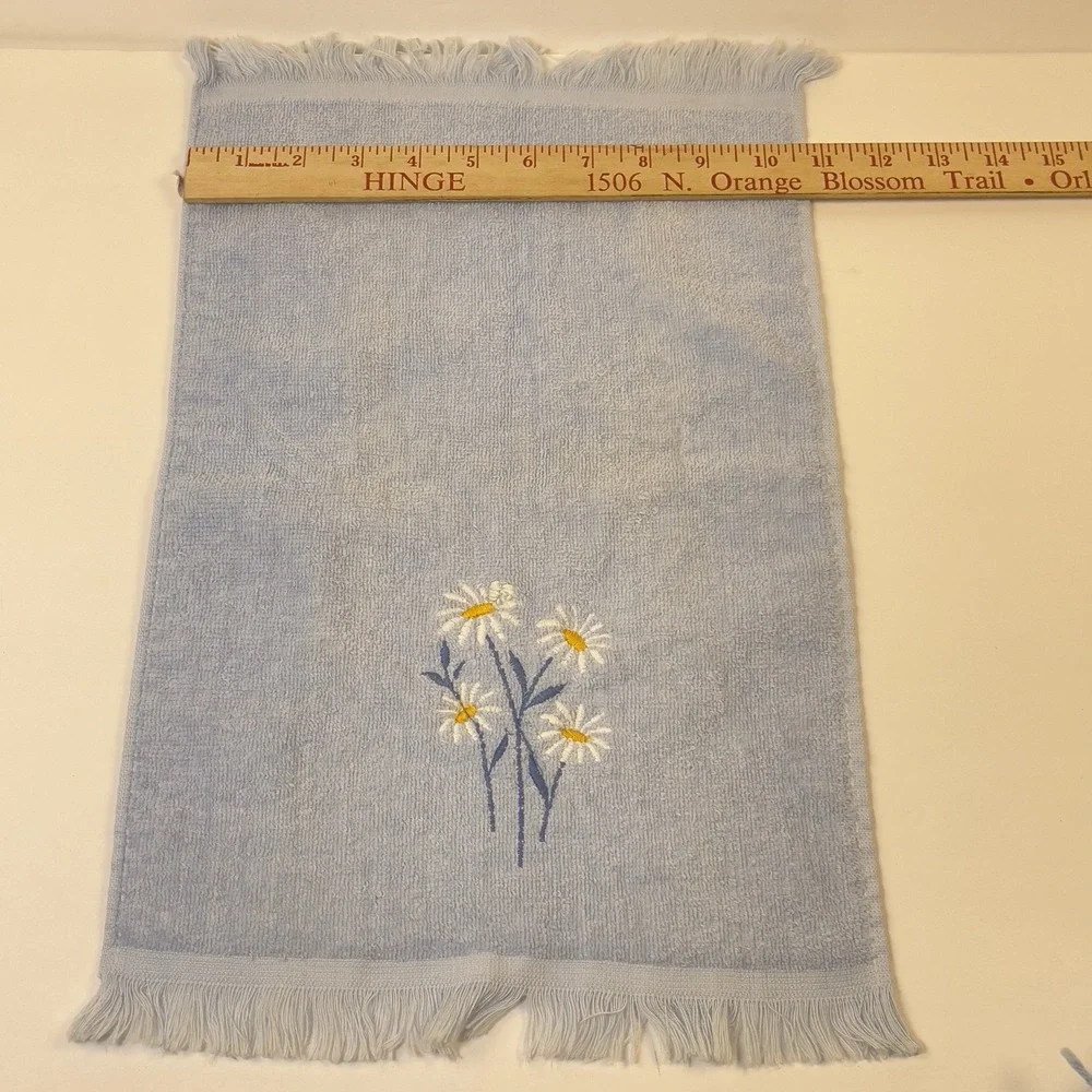 Vintage Cannon Blue Hand Towel Embroidered Daisies Fringe Made in USA 15x23